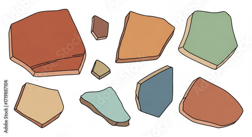 A collection of colorful broken pottery shards scattered on a white surface, creating an abstract and artistic composition