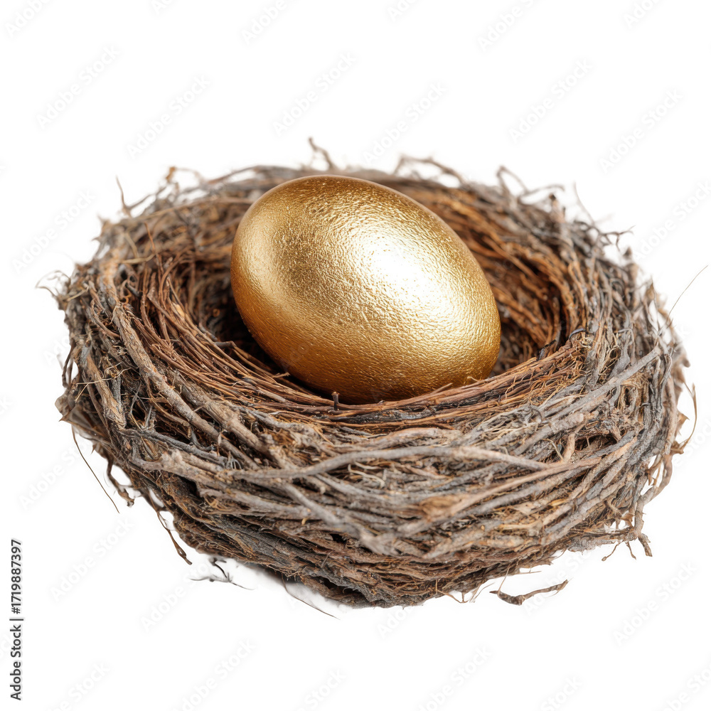 Fototapeta premium Golden egg placed in a rustic nest symbolizing wealth and new beginnings [Transparent Background PNG].