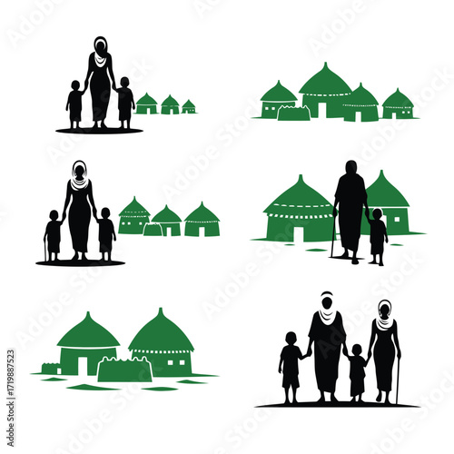 Vector art of african family with traditional huts silhouette