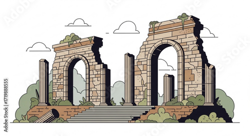 Ancient roman ruins, featuring arches, columns, and vegetation, perfect for historical, architectural, or travelrelated designs