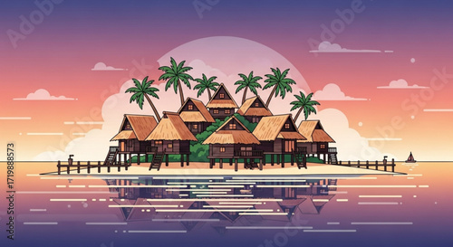 Tranquil tropical island with traditional stilt houses at sunset, reflecting in the calm water, creating a peaceful and picturesque vacation scene