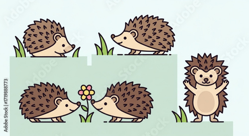 Adorable cartoon hedgehogs enjoying nature, with some smelling flowers and others standing upright, creating a cheerful and playful scene on grass