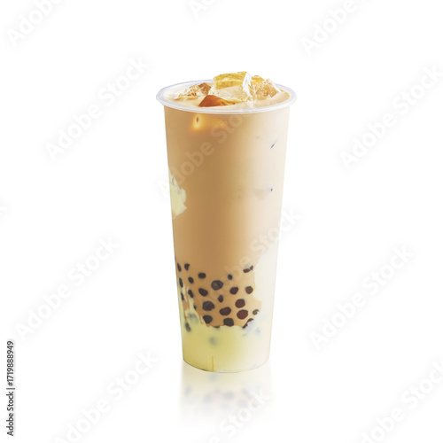 Isolated cheese bubble milk tea with ice and tapioca pearls on clean background