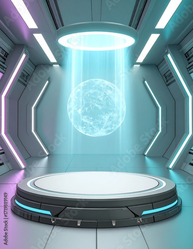 Futuristic technology concept showcasing a glowing holographic energy sphere suspended over an illuminated pedestal in a modern sci-fi interior