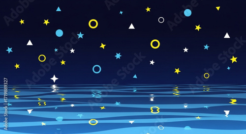 A serene night scene featuring geometric shapes like stars, circles, and triangles reflected on water, creating a dreamy and abstract landscape illustration