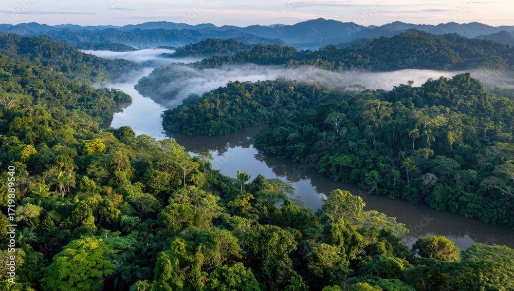 Obraz premium A breathtaking aerial view of a lush rainforest, showcasing a winding river flowing through dense foliage and misty mountains.