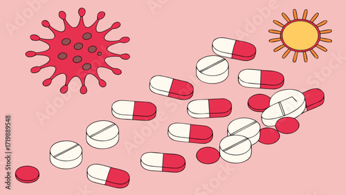 Illustration of virus and treatment medication, pills and capsules for covid prevention therapy