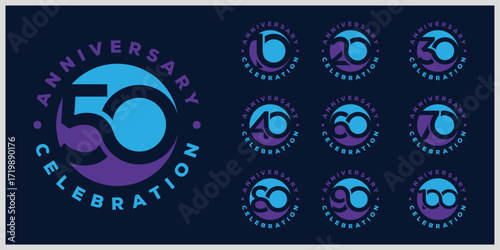 Collection of anniversary circle logo design. Celebration day special vector icon, abstract number 10 to 100 symbol graphics