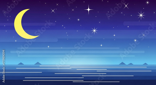 Serene night scene, featuring a crescent moon, twinkling stars, and calm ocean waters, creating a peaceful and dreamy atmosphere