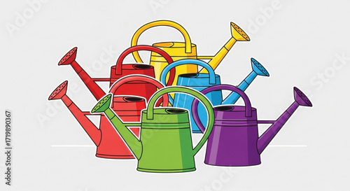 A vibrant collection of watering cans in various colors, arranged together to create a playful and eyecatching display