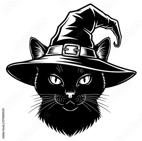 Cat wearing a witch hat spooky Halloween theme