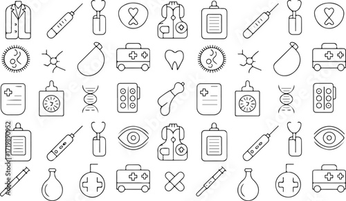 Medical doodle seamless pattern background. Cute hand drawn sketch illustrations of heart, syringe, pills, ambulance, mask, tooth. Black and white cartoon art for healthcare