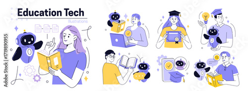 Education technology set. Collection of characters using artificial intelligence generative tools for machine learning, studying, development. EdTech concept. Vector illustration.