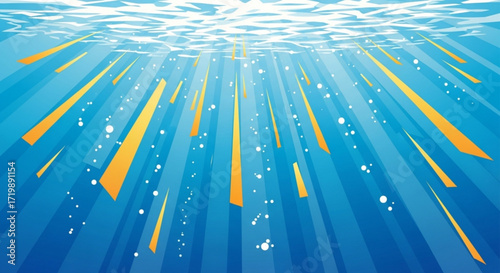 Underwater scene with sunlight streaming through the water, creating a serene and ethereal atmosphere with light rays and bubbles in a blue ocean