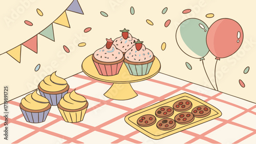 Celebration party with cupcakes balloons cookies and festive decorations for birthday or event