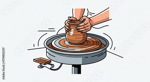 Hands shaping clay on a pottery wheel, a creative process of forming art, showcasing skill and craftsmanship in ceramics