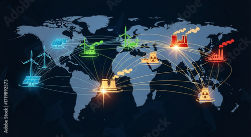 Global energy sources displayed on a world map, showing the interconnectedness of power generation and distribution, highlighting renewable and nonrenewable energy