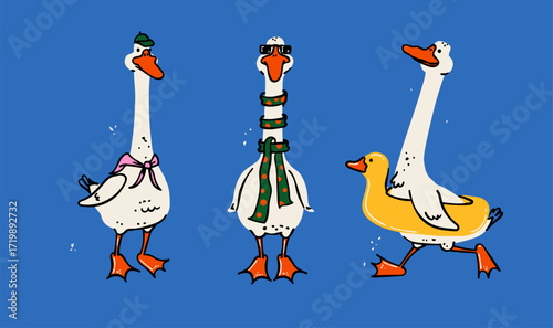 A funny and creative set of doodle illustrations of stylish geese. This whimsical art captures humorous moments, perfect for lighthearted design and branding projects