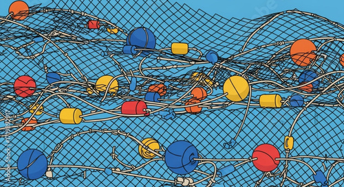 A colorful fishing net with floats and weights, creating an abstract pattern against a blue background, representing the fishing industry