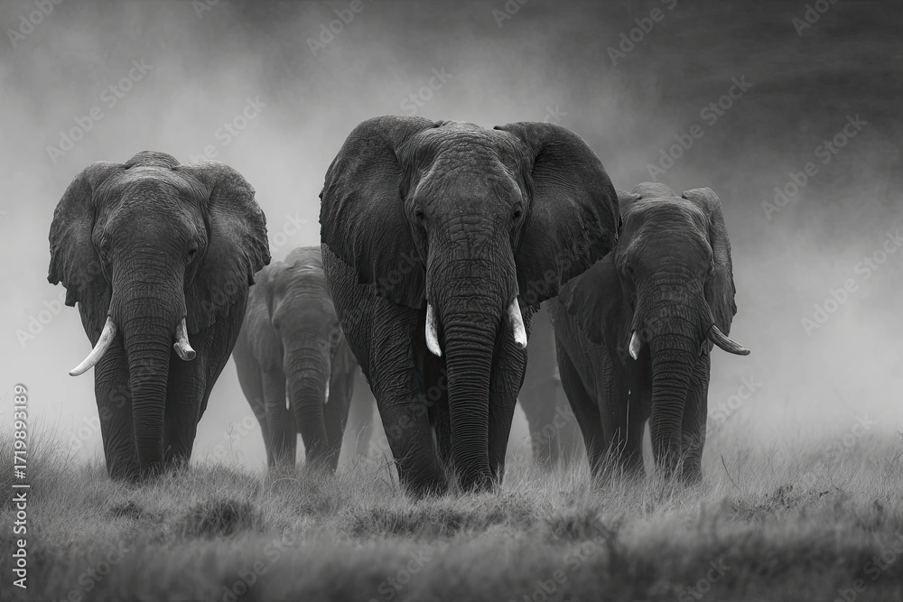 Fototapeta premium Group of Elephants Walking in Grassland in Black and White