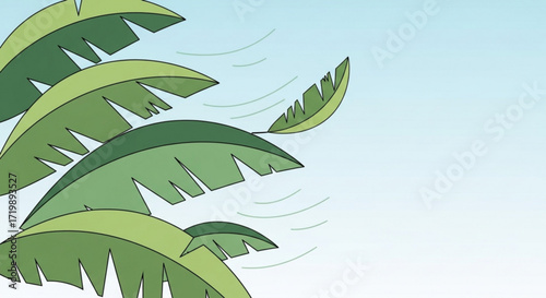 A simple illustration of large, green banana leaves swaying gently in the breeze against a light blue sky, creating a calming and tropical atmosphere