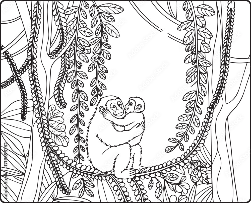 Obraz premium Beautiful tropical rainforest natural jungle scenery with wild animals activity black line art vector illustration coloring page design for kids and adults