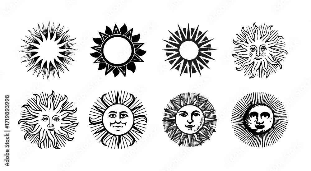 Fototapeta premium A cheerful set of hand-drawn sun with a smiling face, radiating warmth and joy in a black-and-white celestial mystic style, perfect for cosmic art