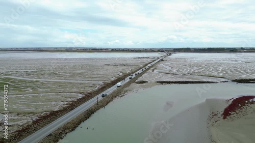 Aerial view of oyster farms at low tide near the Passage du Gois, Noirmoutier Island, France. Long rows of oyster beds and water channels create a unique landscape, showcasing traditional oyster
