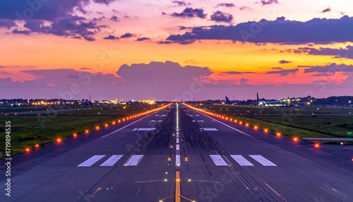 Airport Runway with Glowing Lights at Colorful Sunset.