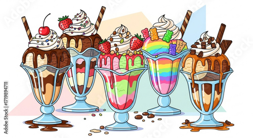 Collection of colorful ice cream sundae, featuring various toppings like whipped cream, chocolate, and fruit, perfect for dessert themes