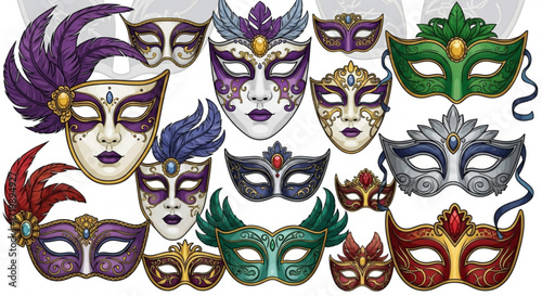 Collection of colorful masquerade masks, featuring intricate designs, feathers, and embellishments for festive celebrations and costume parties