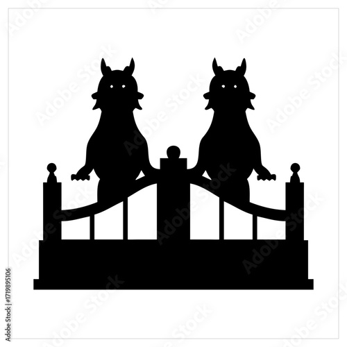 Two silhouetted gargoyles guarding a gate