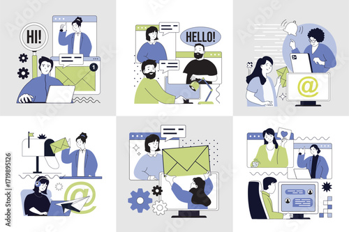 Communication concept set for web design. Collection with people chatting online, sending messages and emails, meeting at video group conference, share comments and networking. Vector illustration.