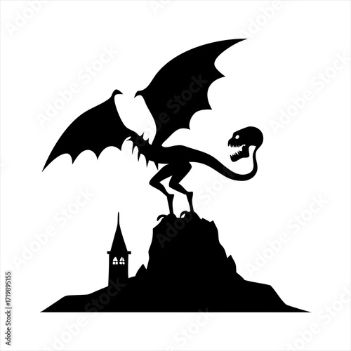 Silhouette of a fearsome dragon with a skull head perched on a rocky outcrop near a tower