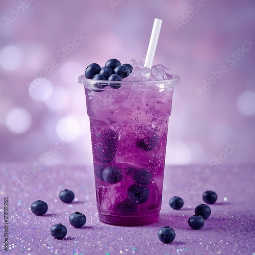 A refreshing blueberry drink in a plastic cup with a straw and ice on a sparkling purple surface