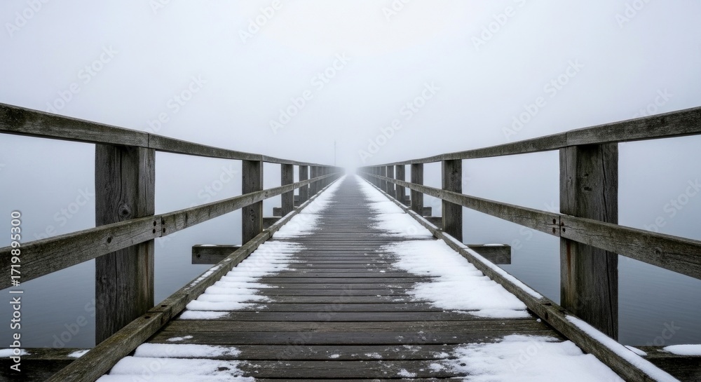 Fototapeta premium A wooden pier extending into a misty lake, with snow covering the ground and railing.