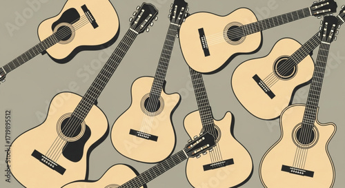 Acoustic guitars arranged in a pattern, showcasing the beauty and craftsmanship of musical instruments with a warm, inviting aesthetic