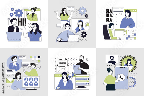 Lets talk concept set for web design. Collection with people communicating online, sending emails, networking, chatting with virtual friends, video calling, using social media. Vector illustration.