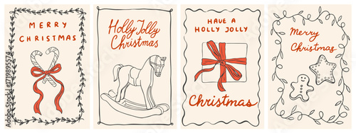 Hand drawn vintage Merry Christmas posters. Retro new year drawing set in doodle line art, minimalist print style with gingerbread, gifts, lollipops. Minimalist ink vector cards in coquette style