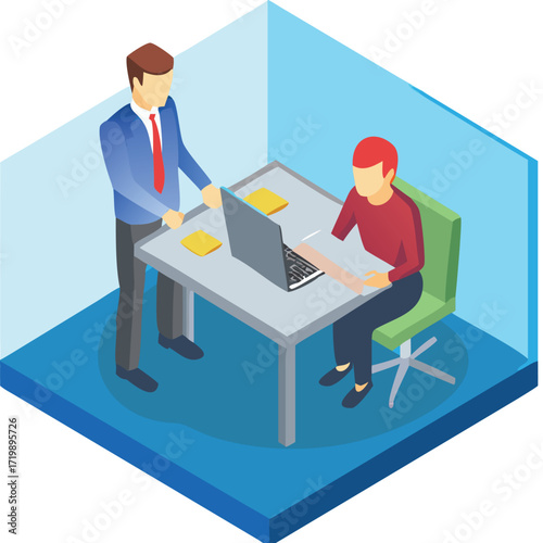 Businesspeople working on computers at desks in an office meeting