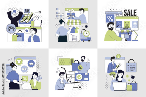 Shopping and Ecommerce concept set for web design. Collection with people buying in online stores with discount prices, making purchases at marketplace and paying credit card. Vector illustration.