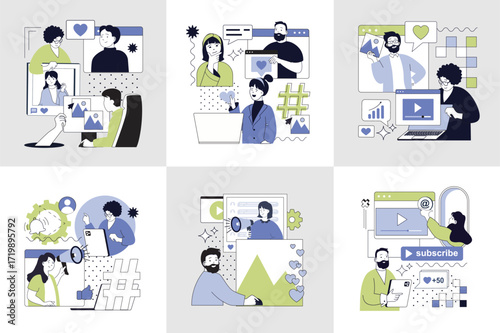 Social media influencer concept set for web design. Collection with people creating posts with photos, sharing information, making online advertising, followers communicating. Vector illustration.