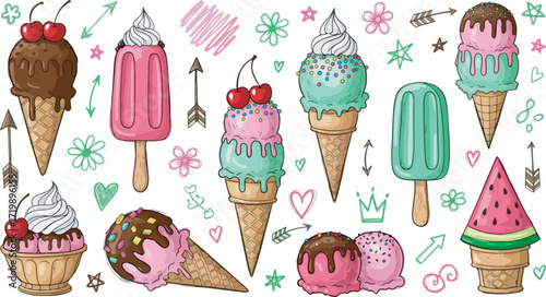 Summer doodle hand drawn vector. Ice cream popsicle with candy heart star arrow cherry. Sketch cartoon icon food. Scribble marker art. Line, shape summer doodle vector with dessert fun element. Chalk 