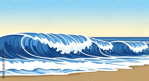 A serene seascape illustration featuring rolling blue waves crashing onto a sandy beach under a clear sky, evoking a sense of tranquility and coastal beauty