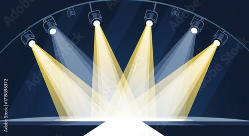 Stage lights shining down on an empty stage, creating a dramatic and captivating scene, perfect for highlighting a performance or event