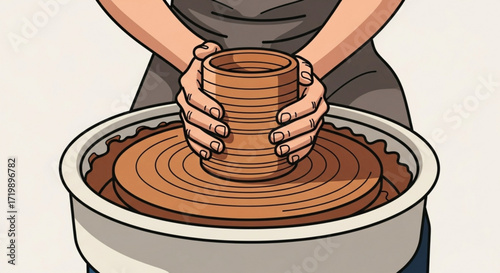 Closeup of hands shaping clay on a pottery wheel, showcasing the art of ceramics and the creation of a handmade pot