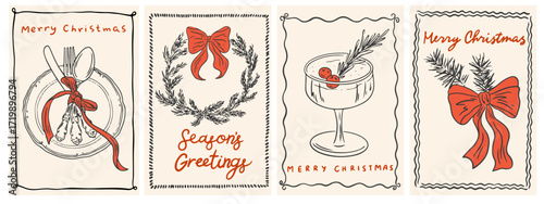 Hand drawn vintage chalk Christmas posters. Retro new year drawing set in doodle line art, minimalist print with martini, wreath, silverware, bows and ribbons. Vector cards in coquette style
