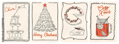 Hand drawn vintage chalk Christmas posters. Retro new year drawing set in doodle line art, minimalist print with champagne tower, cake, mulled wine and Christmas tree. Vector cards in coquette style