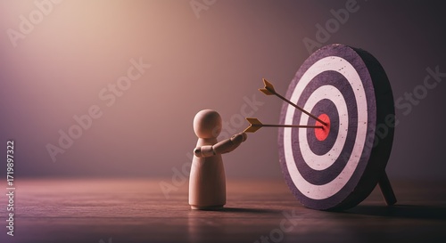 Wooden Mannequin Aiming Arrows at Bullseye Target - Business Goal Achievement Concept