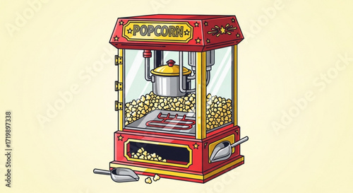 A vintage popcorn machine, with a red and gold color scheme, featuring a glass enclosure filled with popcorn kernels